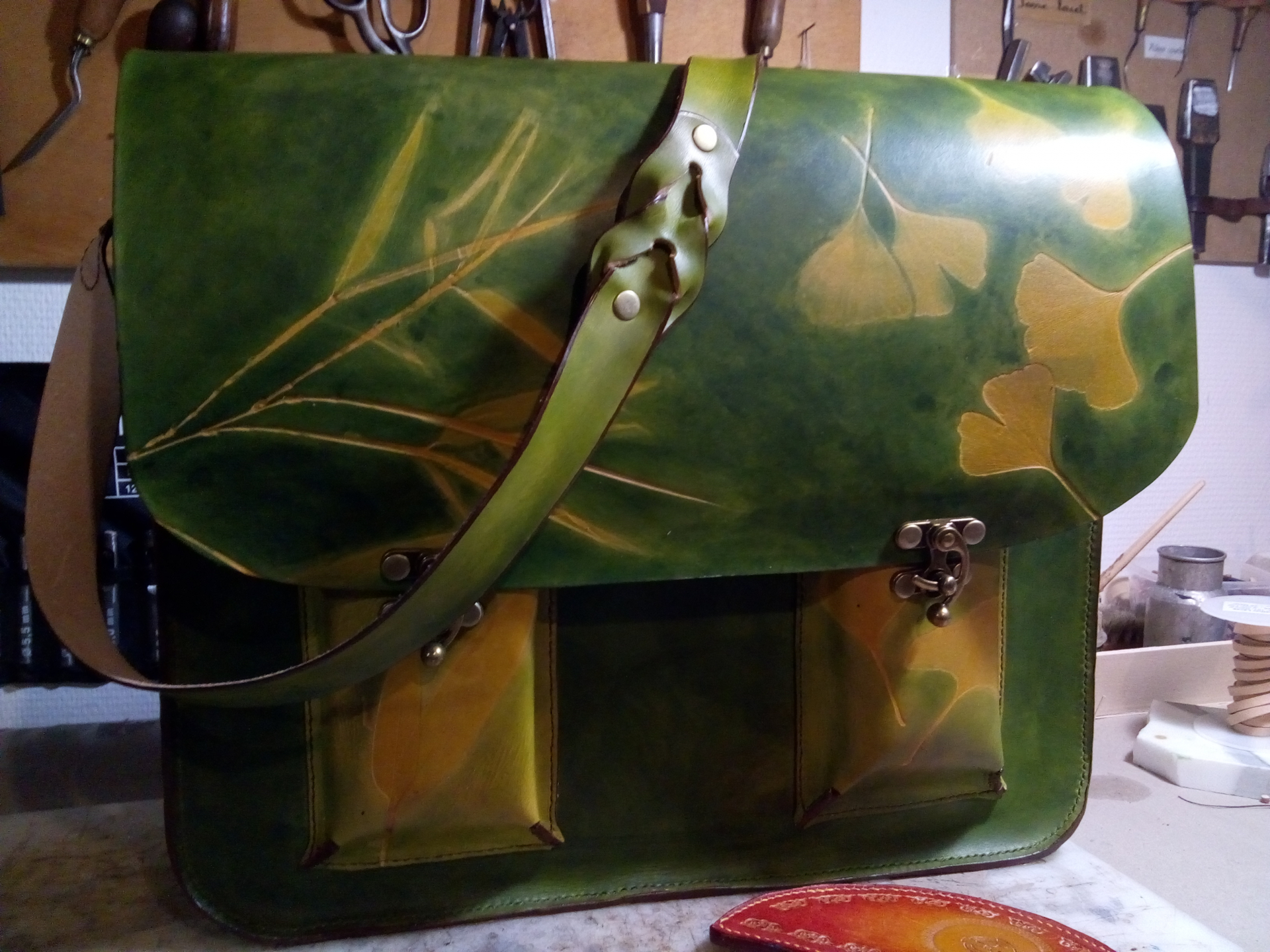 cartable personnalisé, impressions ginkgo et bambous